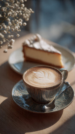 Coffee cup and cheesecake on wooden table in cafe.の写真素材