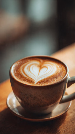 cup of coffee latte art on wooden table in coffee shop cafeの写真素材