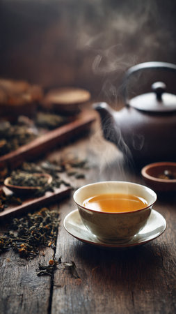 Tea cup on old wooden table with teapot and teacupの写真素材