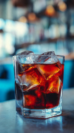 cola with ice on the table in bar, soft focus backgroundの写真素材