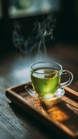 Cup of hot green tea on wooden tray with smoke, stock photoの写真素材
