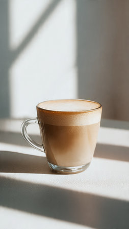 Coffee in a glass cup on a white background with sunlight.の写真素材