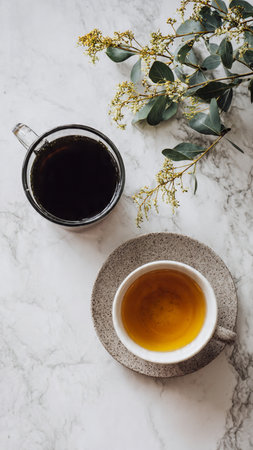 Cup of black tea with eucalyptus branchle backgroundの写真素材