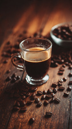 Coffee cup and coffee beans on a wooden table, selective focusの写真素材