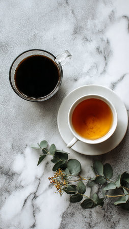 Cup of black coffee and eucalyptus branchle backgroundの写真素材