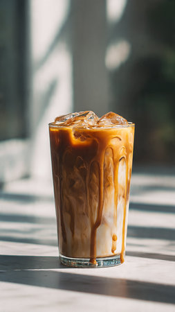 Iced coffee with milk in a glass on the table, stock photoの写真素材