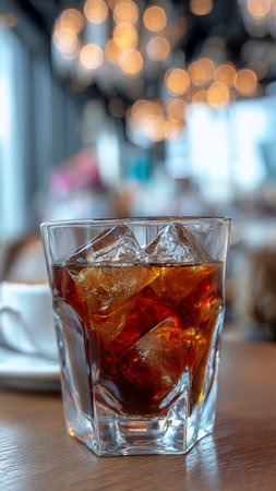 Cola with ice cubes in a glass on a wooden table in a restaurantの写真素材