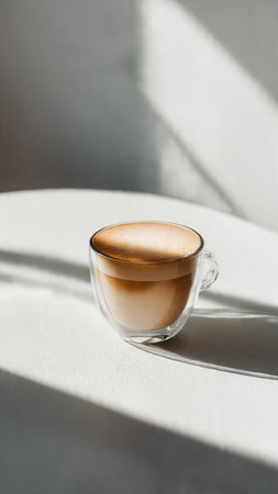 Coffee in a glass cup on a white table with sunlightの写真素材