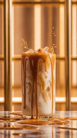 Iced coffee with caramel in a glass on the table. Selective focus.の写真素材