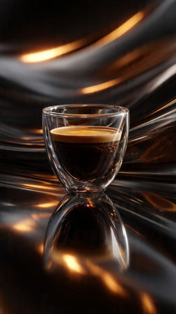 Coffee in a glass on a black background with a reflectionの写真素材