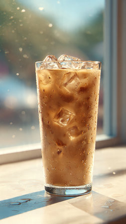Iced coffee in a glass on the windowsill. Selective focus.