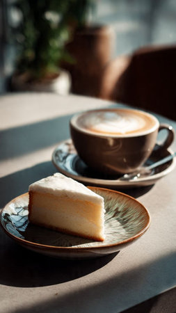 Cappuccino and cheesecake on a table in a cafeの写真素材