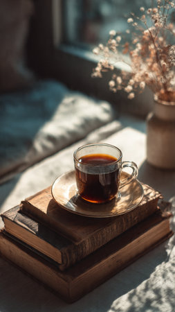 Cup of coffee on old books in the morning light on the windowsill. Cozy home atmosphere.の写真素材
