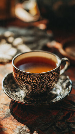 Cup of tea on the table. Vintage style. Selective focus.の写真素材