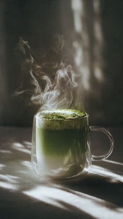 Green tea latte in glass cup with green tea leaf on dark backgroundの写真素材