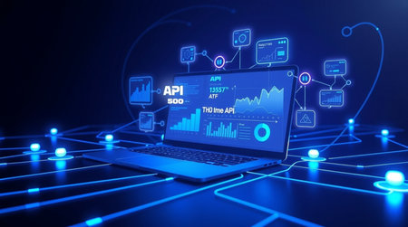 Laptop with blue digital interface on dark background. Artificial intelligence concept. 3D Rendering