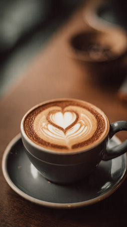 Coffee cup with latte art on wooden table, stock photoの写真素材
