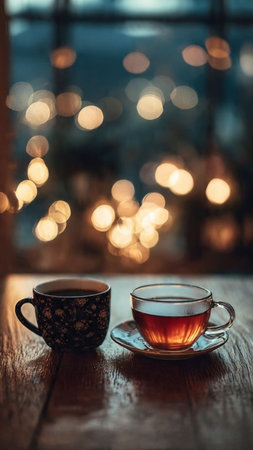 Cup of tea on wooden table in front of window with bokeh lightsの写真素材