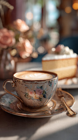 Cup of coffee with cake on table in cafe. Selective focusの写真素材