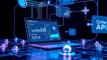 Laptop on the background of a holographic screen with charts and diagrams. 3d rendering