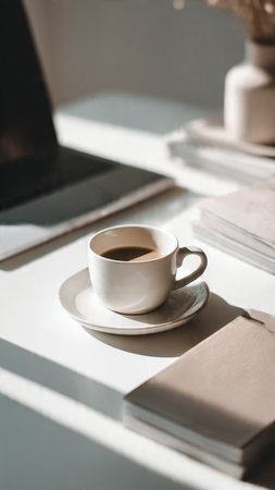 Coffee cup on the table with laptop and books at homeの写真素材