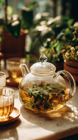 Herbal tea in a glass teapot and cups on the tableの写真素材