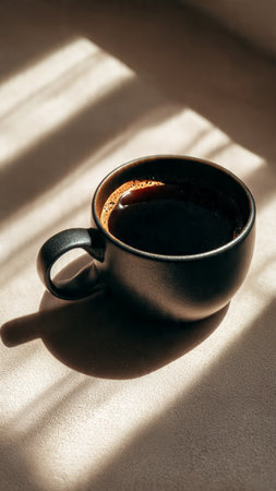 Cup of coffee with shadow from the window. Selective focus.の写真素材
