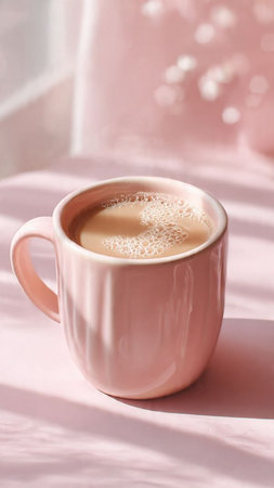 Cup of coffee with milk on table in sunlight, closeupの写真素材