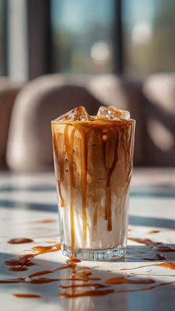 Iced coffee with caramel in a glass on a table in a cafeの写真素材