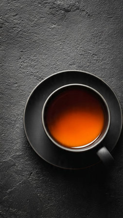 Cup of tea on dark background, top view. Space for textの写真素材