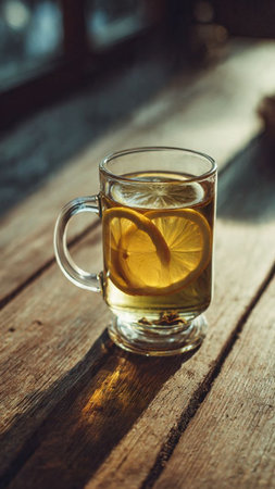 A cup of lemon tea on a wooden table. Close-up.の写真素材