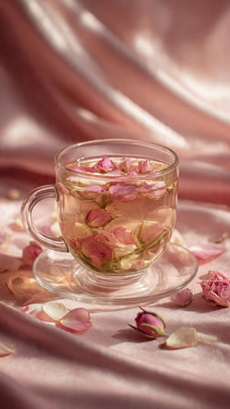 Cup of tea with rose petals on pink satin backgroundの写真素材