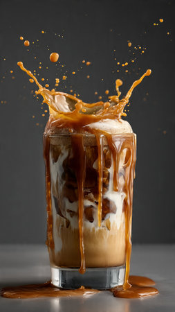 Iced coffee with milk splash on grey background, closeup view