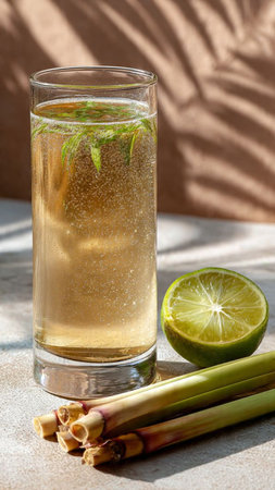 Glass of lemonade with lemongrass, lime and lemonの写真素材