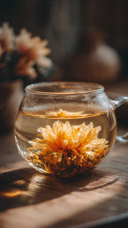 Cup of herbal tea with calendula flowers on wooden tableの写真素材