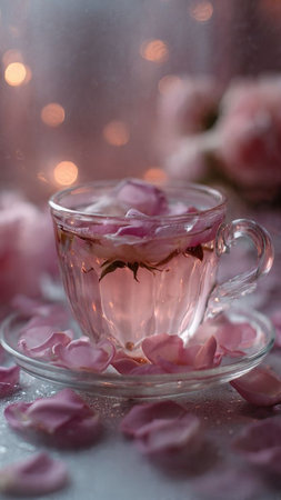 A cup of tea with pink rose petals on the table.の写真素材