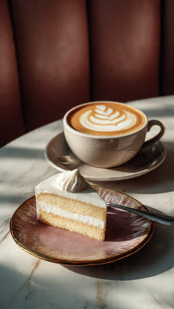 Coffee cup and piece of cake on white marble table.の写真素材