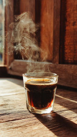 Coffee in a glass with steam on a wooden background.の写真素材