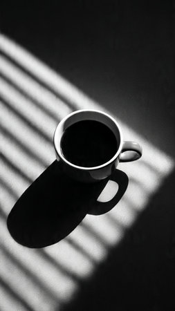 Cup of coffee with shadow on the wall. Black and white photo.の写真素材