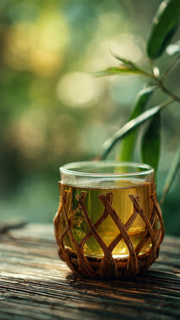 Green tea in a glass cup on a wooden table with bamboo leavesの写真素材