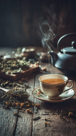 Cup of green tea and teapot on old wooden tableの写真素材