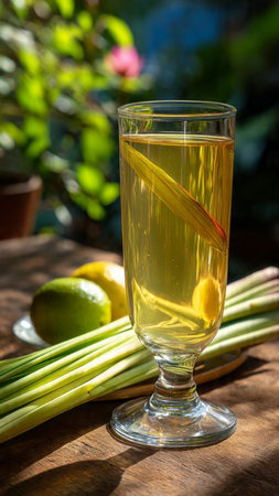 lemonade in a glass with lemon and lemongrassの写真素材