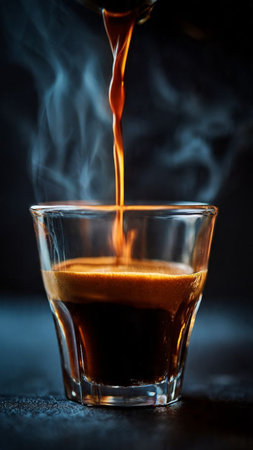 Coffee pouring into glass with smoke on dark background, selective focus