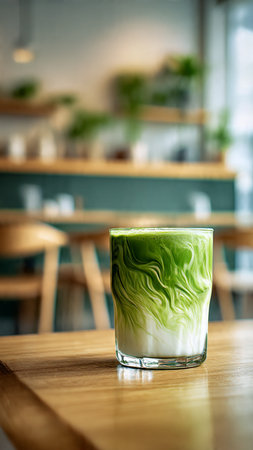 Green tea latte in glass on wooden table in coffee shop.の写真素材