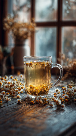 Glass cup of chamomile tea on a rustic wooden backgroundの写真素材