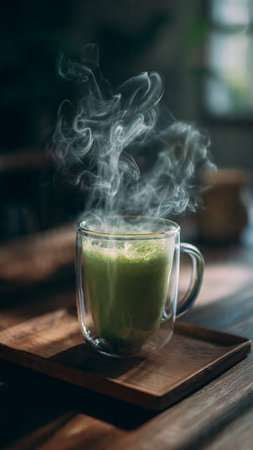 hot matcha latte with steam in glass cup on wooden tableの写真素材