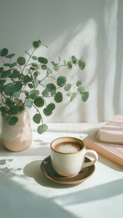 Coffee cup with book and eucalyptus on tableの写真素材