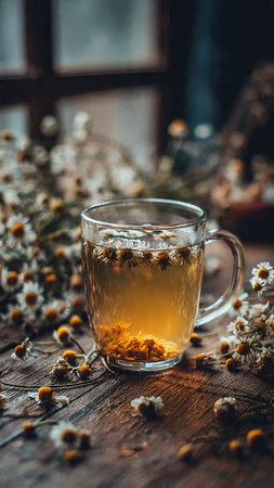 Cup of herbal tea with chamomile flowers on wooden tableの写真素材