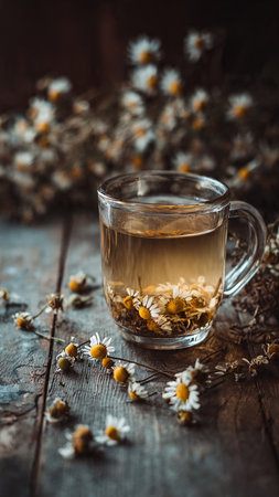 Cup of herbal tea with chamomile flowers on wooden backgroundの写真素材