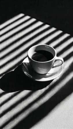 Cup of coffee with shadow on the wall. Black and white photo.の写真素材